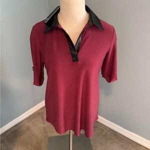 Jones New York Burgundy Polo Top with Black Faux-Leather Trim-NWT